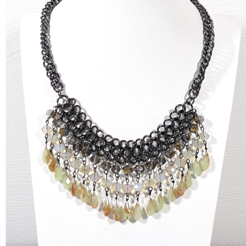 Gunmetal Gray Beige Glass Bead Woven Bib Statement Necklace‎ Fringe 20"